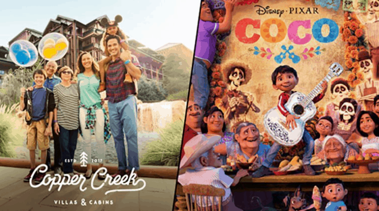 Left: a joyful family vacationing at Copper Creek Villas & Cabins at Disney’s Wilderness Lodge; right: Miguel and Coco characters performing live.
