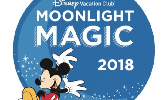 Blue circle logo for "Disney Vacation Club Moonlight Magic 2018" with Mickey Mouse waving at Walt Disney World.