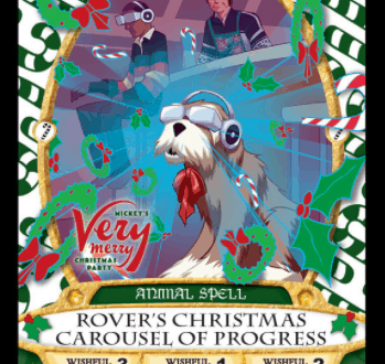 Sorcerers of the Magic Kingdom card with a festive dog in a bow, holiday décor, and bakers—Disney holiday magic for fans.