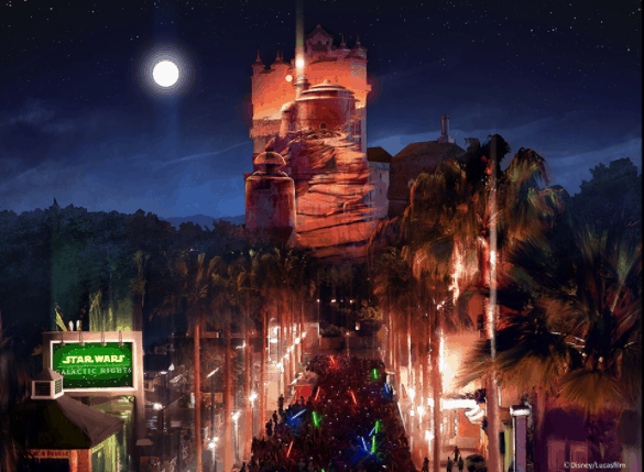 Fans wielding lightsabers fill a palm-lined avenue at Galactic Nights, with the illuminated Tower of Terror glowing behind them.
