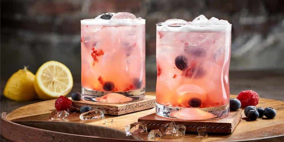 Two glasses of pink berry cocktails with ice, garnished with blueberries and raspberries, sit on wooden coasters—a refreshing scene you might find at one of the Disney Springs Restaurants. Lemon halves and scattered berries complete the vibrant setting.