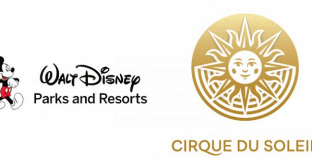 Mickey Mouse and the Walt Disney World Parks logo appear with Cirque du Soleil’s golden sun face, teasing an exciting new show.