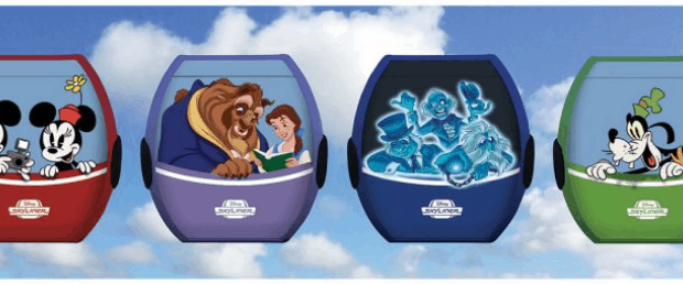 Disney Skyliner gondolas featuring Mickey & Minnie, Beauty and the Beast, Haunted Mansion ghosts, and Goofy glide through Walt Disney World.