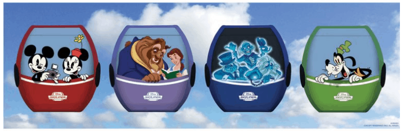 Disney Skyliner gondolas featuring Mickey & Minnie, Beauty and the Beast, Haunted Mansion ghosts, and Goofy glide through Walt Disney World.