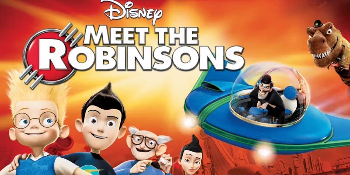 Promotional image for Disney's "Meet the Robinsons" featuring animated characters in futuristic attire, including a boy with blonde hair, a man in a blue uniform, and a dinosaur, set against a bright, dynamic background.