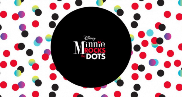 “Minnie Rocks the Dots” in bold on a black circle pops against colorful polka dots, bringing Disney fan excitement for Jan 21!.