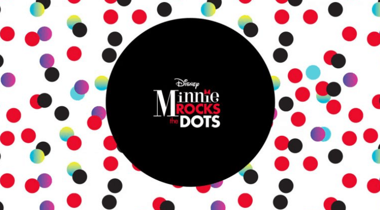 “Minnie Rocks the Dots” in bold on a black circle pops against colorful polka dots, bringing Disney fan excitement for Jan 21!.
