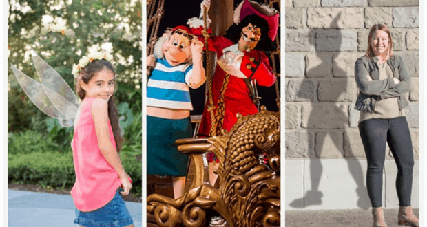 Peter Pan 65th Anniversary fairy celebration, pirates spotted at Disney World, and a PhotoPass wall pose by a guest.