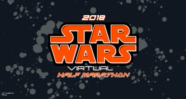 2018 Star Wars Half Marathon Virtual logo with cosmic splatter, spotlighting runDisney's galactic race adventure for fans.