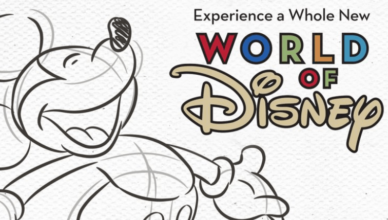 Mickey Mouse stands beside vibrant "Experience a Whole New World of Disney" text, evoking excitement for Disney World fans.