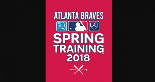 Atlanta Braves Spring Training 2018 graphic with MLB logos, set on bold red, spotlighting ESPN Wide World of Sports at Disney World.
