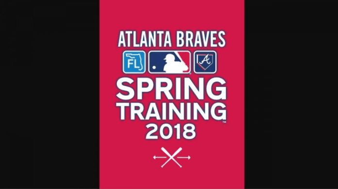Atlanta Braves Spring Training 2018 graphic with MLB logos, set on bold red, spotlighting ESPN Wide World of Sports at Disney World.