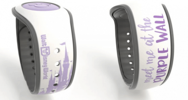 MagicBands at Disney World, one showing “meet me at the PURPLE WALL” in bold purple and blue—an icon for park fans.