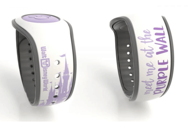 MagicBands at Disney World, one showing “meet me at the PURPLE WALL” in bold purple and blue—an icon for park fans.