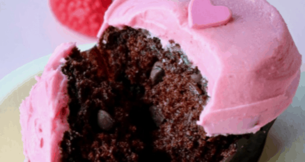 Valentine’s-themed chocolate cupcake with pink frosting and a heart, enjoyed at Main Street Bakery, Magic Kingdom—sprinkles, raspberries.
