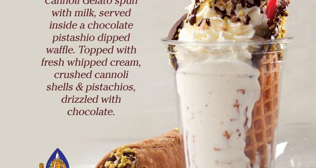 Vivoli il Gelato’s Cannoli Shake at Disney World, served in a chocolate-pistachio cone with cream, shells, and chocolate drizzle.