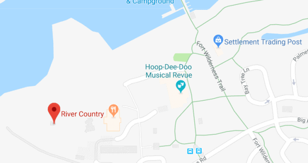 Map featuring River Country’s location by Fort Wilderness at Walt Disney World, highlighting roads and Disney resort landmarks nearby.