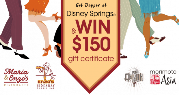 Dapper Day banner with lively dancing legs, $150 gift card giveaway, and Disney Springs Restaurants logos at Walt Disney World.