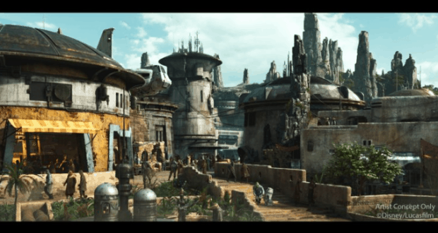 Black Spire Outpost’s rounded buildings and rocky spires set the scene as guests explore iconic Star Wars: Galaxy’s Edge at Disney World.