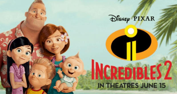 The Incredibles family stands by the Incredibles 2 logo and June 15 release date, ready to inspire your next Walt Disney World trip.