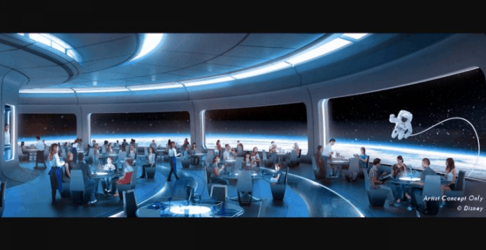 Space 220 at Epcot: diners enjoy cosmic views as an astronaut floats outside the window in this immersive Disney World eatery.