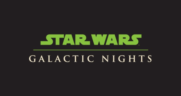 Black background featuring the glowing green Star Wars logo over “Galactic Nights,” highlighting Walt Disney World excitement.