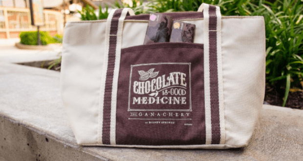 A “Chocolate is Good Medicine” tote with chocolate bars peeks from its pocket on a bench, inspired by The Ganachery at Disney World.
