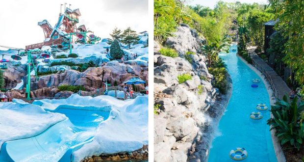 Split image: Blizzard Beach snow-themed slides on left, Typhoon Lagoon-style lazy river with tubes and lush greenery on right.