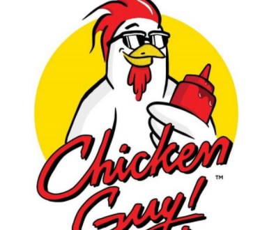 Chicken Guy mascot with glasses and ketchup in front of a yellow circle, logo text below—spotlighting Chicken Guy at Disney Springs.