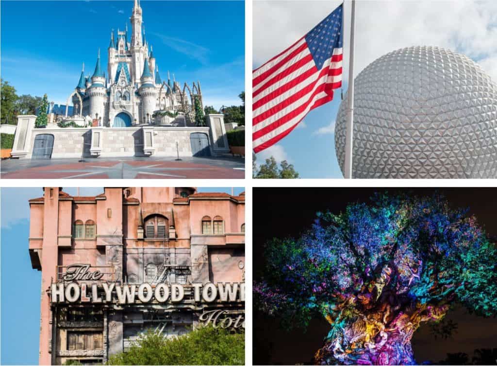 Collage of Cinderella Castle, Epcot’s Spaceship Earth, Tower of Terror, and Tree of Life—showcasing the Four Park Challenge.