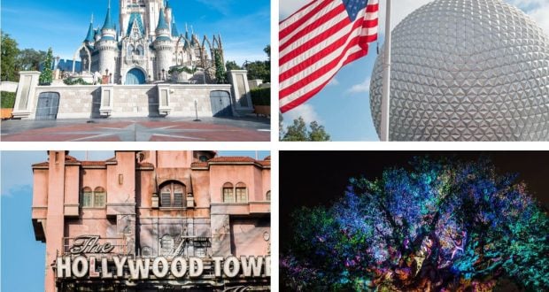 Collage of Cinderella Castle, Epcot’s Spaceship Earth, Tower of Terror, and Tree of Life—showcasing the Four Park Challenge.