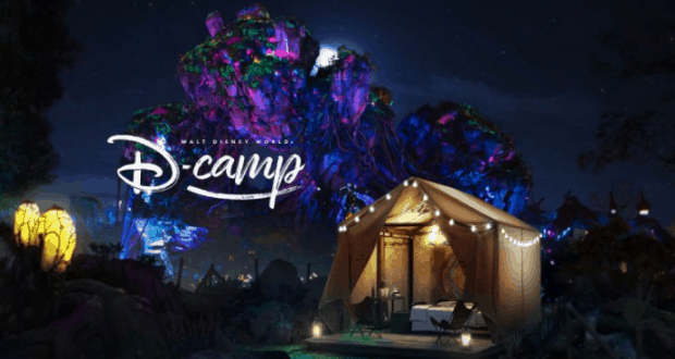 A glowing D-camp tent glimmers at night with a vibrant, Disney-style illuminated mountain backdrop at a magical Glamping Contest.