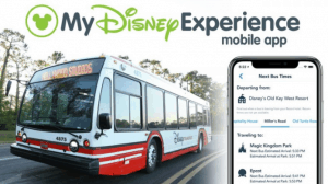 Disney bus alongside the My Disney Experience app showing real-time WDW bus schedules for seamless park hopping.