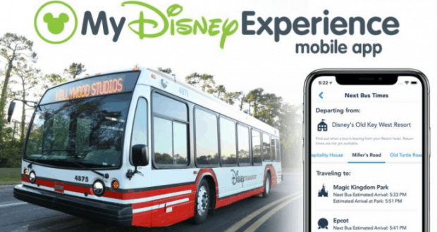 Disney bus alongside the My Disney Experience app showing real-time WDW bus schedules for seamless park hopping.