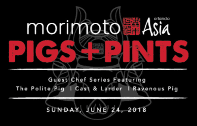 Poster for Morimoto Asia’s Pigs + Pints Guest Chef Event at Disney Springs, June 24, 2018, celebrating food and craft beer.