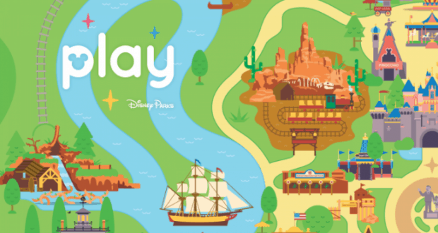Vibrant Disney World map shows "play" text, iconic rides like a ship and mountain, spotlighting the Play Disney Parks App fun.