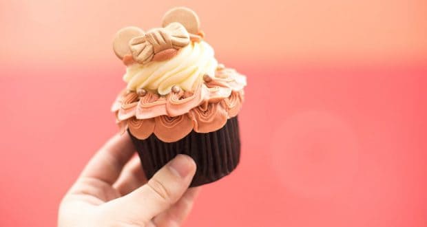 Walt Disney World cupcake featuring pink and cream frosting, plus cookie mouse ears and a bow, ready for your park day treat.