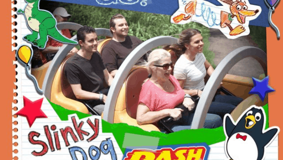 Guests enjoy Slinky Dog Dash at Disney’s Hollywood Studios, smiling amid vibrant cartoon stickers and the "Slinky Dog Dash" logo.