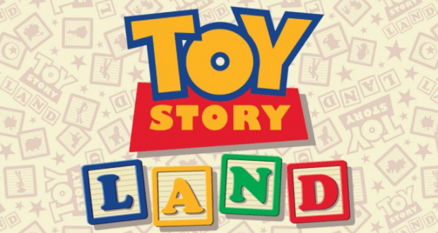 Toy Story Land logo with 'Toy Story' above colorful blocks spelling 'LAND'—iconic branding for Disney World fans and merch lovers.