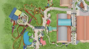 Vibrant aerial map of Toy Story Land at Walt Disney World, highlighting Slinky Dog Dash coaster, playful buildings, and winding paths.