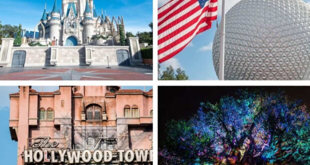 Collage of four theme park attractions: a fairytale castle, a geodesic sphere with an American flag, the Hollywood Tower facade, and a vibrant, illuminated tree. Each image captures a distinct iconic landmark.