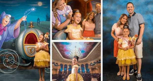 Belle greets a young fan and her family alongside the Fairy Godmother in vibrant Disney World fairy tale settings.