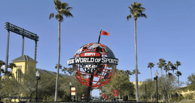 ESPN Wide World of Sports globe with red flag and palm trees, iconic Disney World spot where American Idol held auditions.