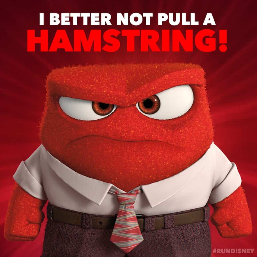 Angry red Disney character in shirt and tie shouts, "I better not pull a hamstring!"—ideal for park entertainment fans.