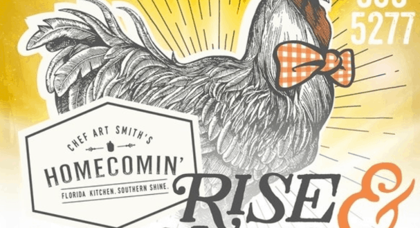Rooster in a bow tie invites you to Chef Art Smith’s Homecomin’ Southern Brunch at Disney World, with reservation details.