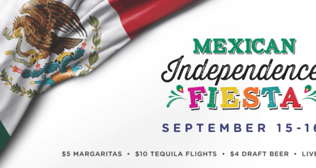 Mexican flag and festive graphics advertising Frontera Cocina’s Independence Day Fiesta at Disney Springs, with drinks and live music.