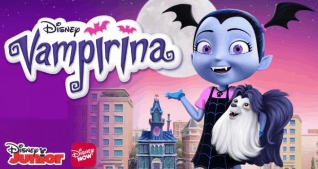 Vampirina grins with her fluffy pup, as the Disney Junior logo appears—bringing Walt Disney World magic to your screen.