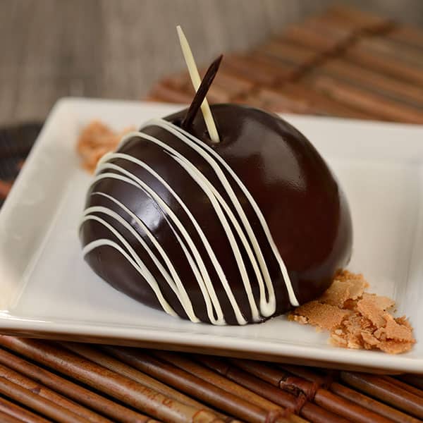 Decadent dome-shaped chocolate dessert with white chocolate drizzle and cookie crumbs, a must-try at Animal Kingdom.