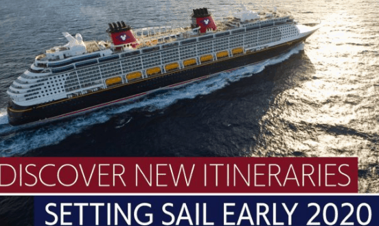 Disney Cruise Line ship sails at sea; text invites fans to explore 2020 voyages and adventures, departing early 2020.