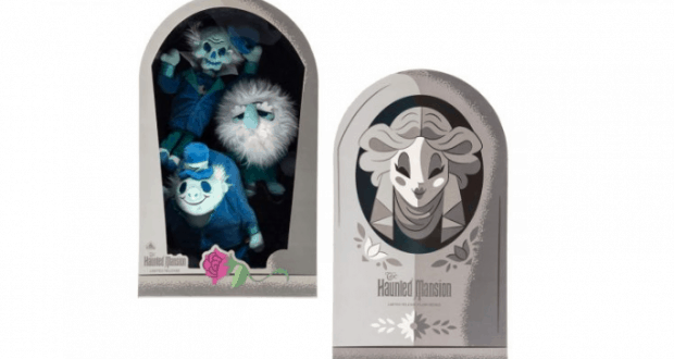 Haunted Mansion blue ghost plush trio in a tomb-shaped box next to a gray ghost portrait—Disney World Halloween exclusive!.
